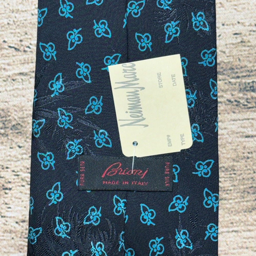 Brioni Silk Necktie Black Navy Blue Teal Floral Jacquard Made in Italy Luxury